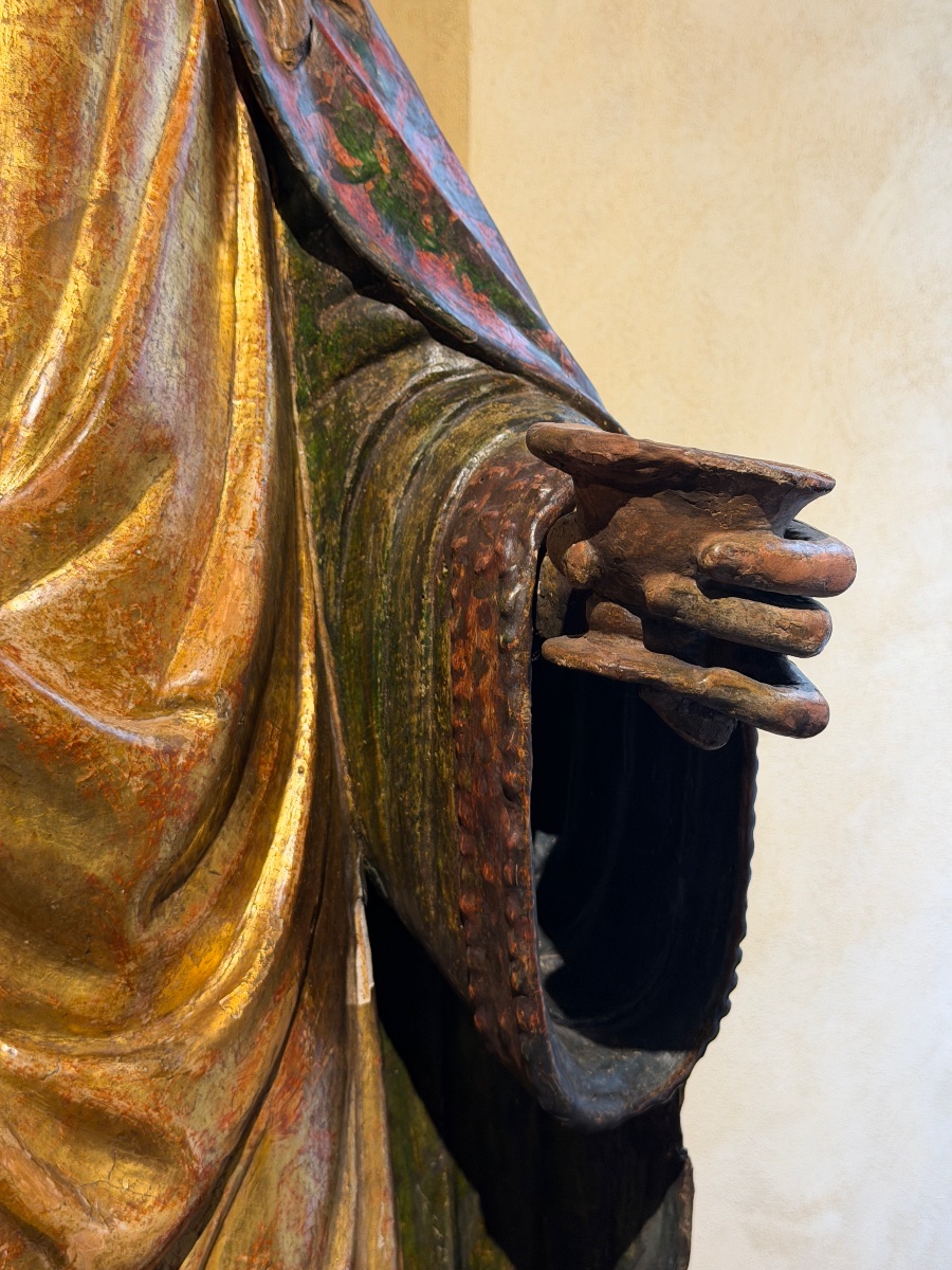 Grande sculpture siennoise en bois polychrome représentant une figure biblique féminine, 1500-photo-1