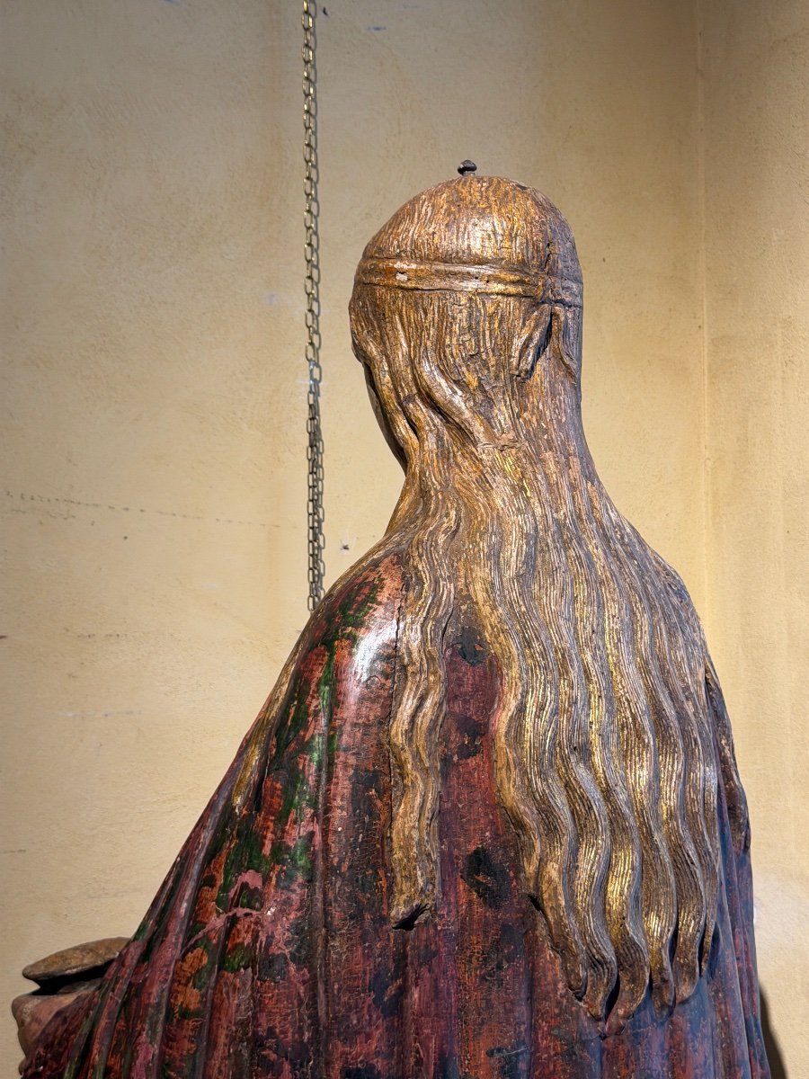 Grande sculpture siennoise en bois polychrome représentant une figure biblique féminine, 1500-photo-3