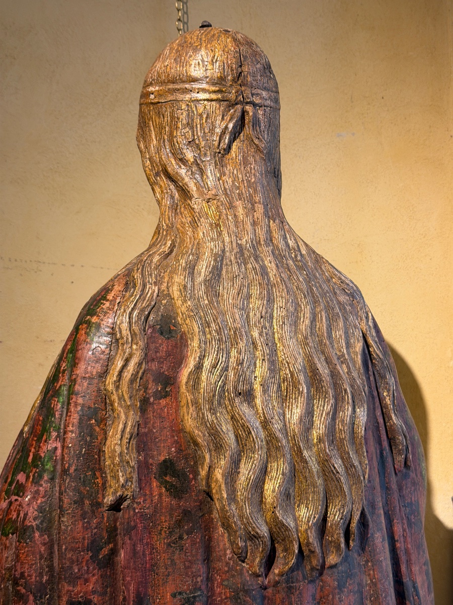 Grande sculpture siennoise en bois polychrome représentant une figure biblique féminine, 1500-photo-7