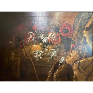 Nature morte au vase de fleurs, horloge de table et raisins – Pierre-Nicolas Huilliot – XVIIIe 