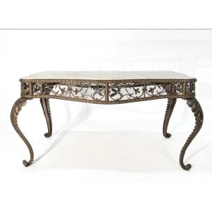 Table en fer forgé avec plateau en marbre et six chaises, années 1920