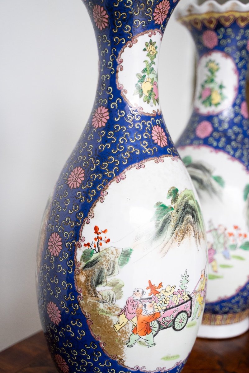 Paire d'Anciens Vases Chinois En Porcelaine Bleue Et Blanche -photo-5