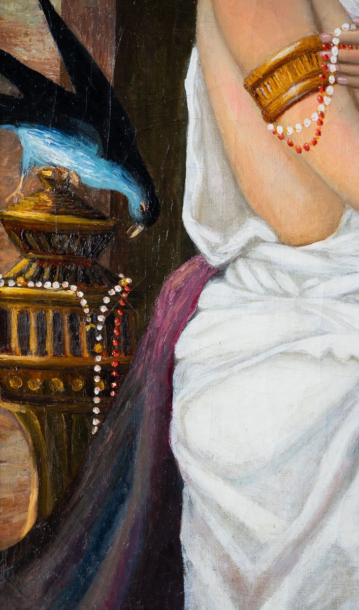 Dame Aux Bijoux Et Pie Voleuse – Huile Sur Toile – Milieu Du XIXe Siècle-photo-1