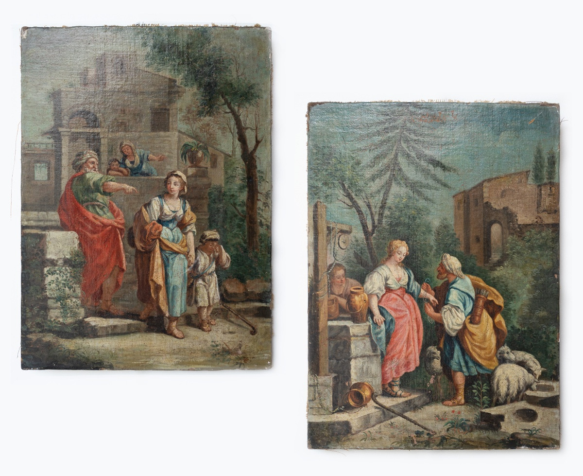 Pair Of Oil Paintings On Canvas – Pastoral Biblical Scenes