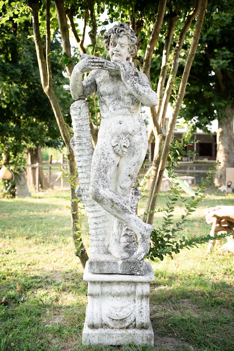 Putto With Flute – Liberty-style Sculpture In Graniglia, 1930s-photo-2