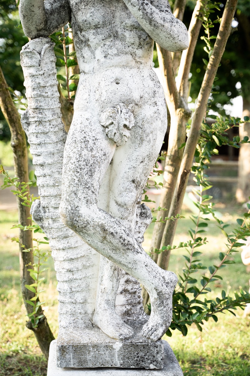 Putto With Flute – Liberty-style Sculpture In Graniglia, 1930s-photo-4