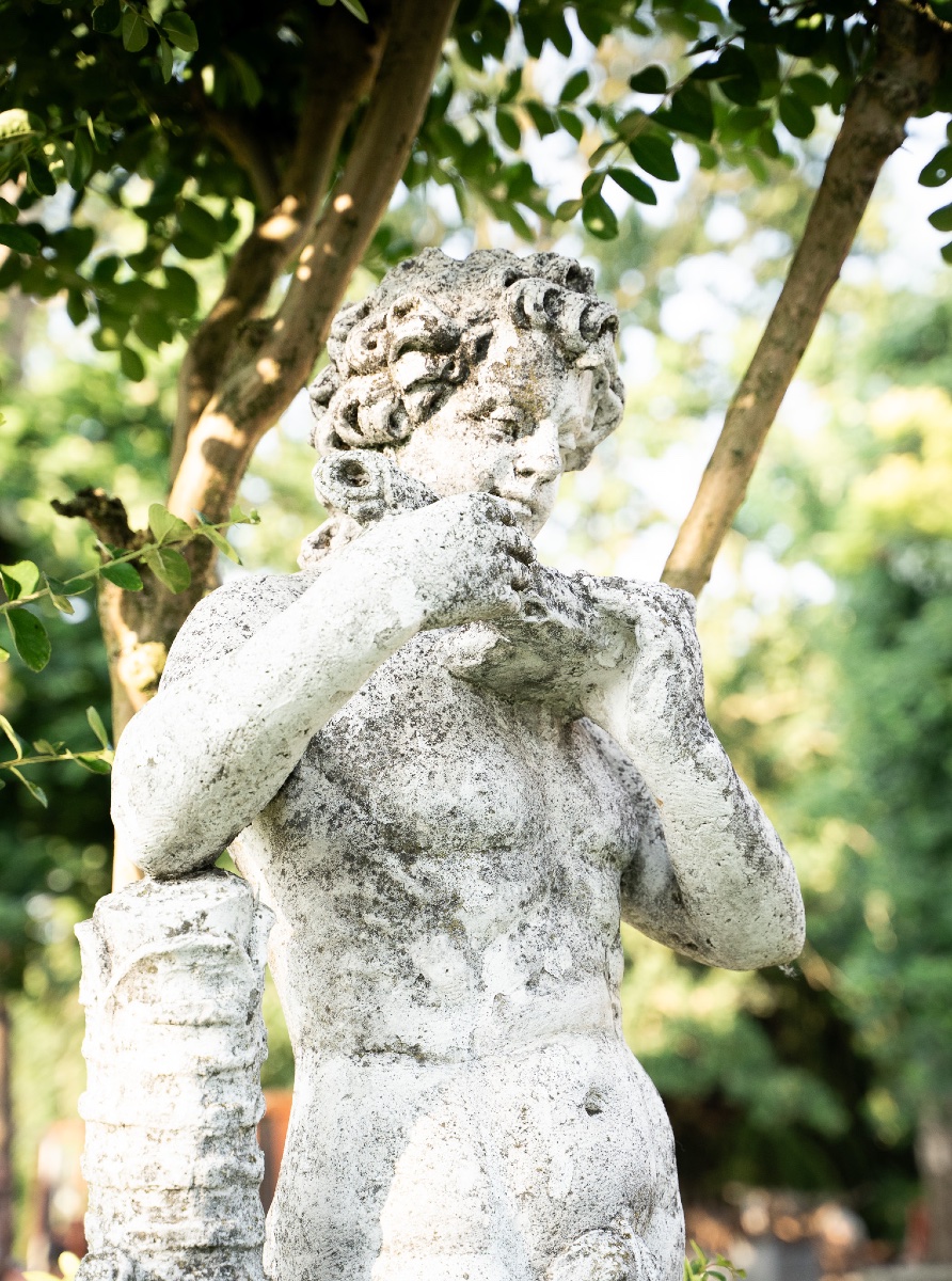 Putto With Flute – Liberty-style Sculpture In Graniglia, 1930s-photo-2