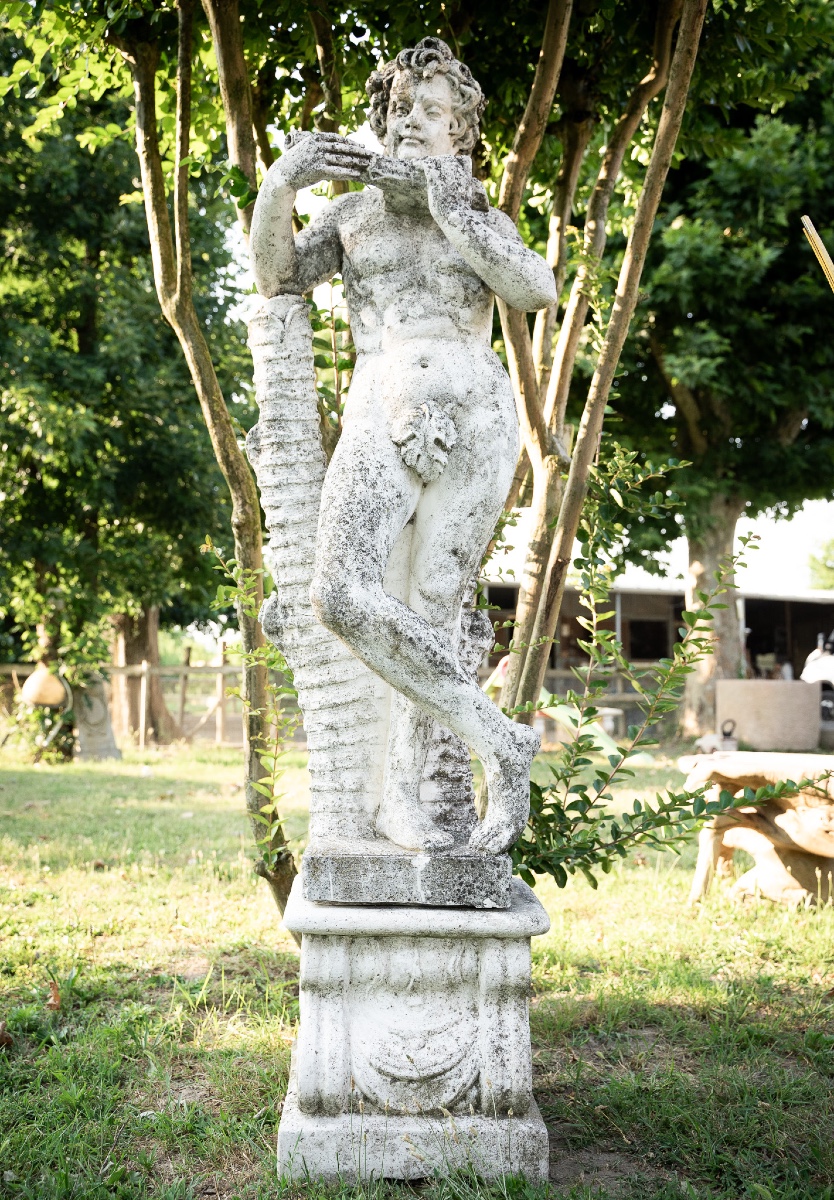 Putto With Flute – Liberty-style Sculpture In Graniglia, 1930s