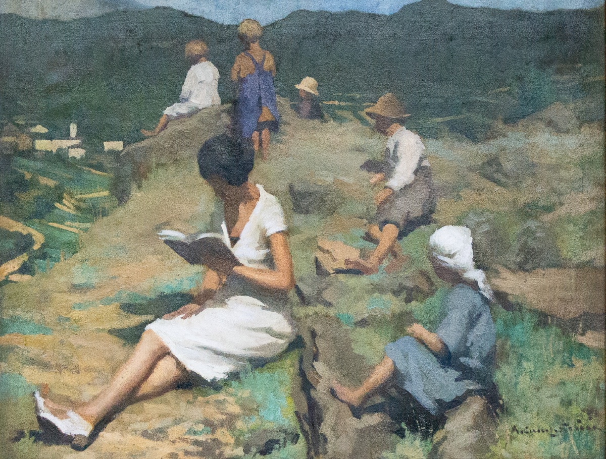 Scène de lecture dans un paysage montagnard – Peinture italienne, fin du XIXe siècle-photo-2
