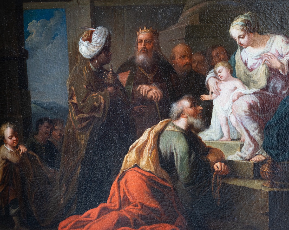 Paire de peintures à sujet religieux, huile sur toile Adoration des Bergers Adoration des Mages-photo-1
