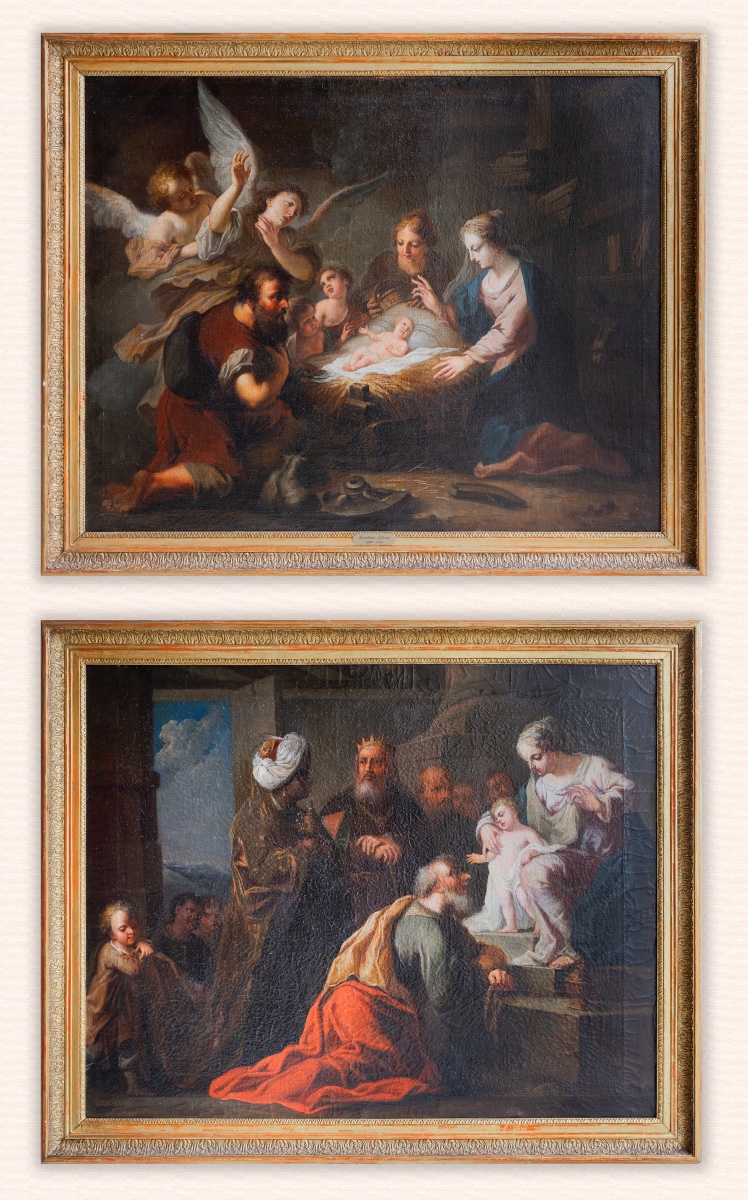 Paire de peintures à sujet religieux, huile sur toile Adoration des Bergers Adoration des Mages