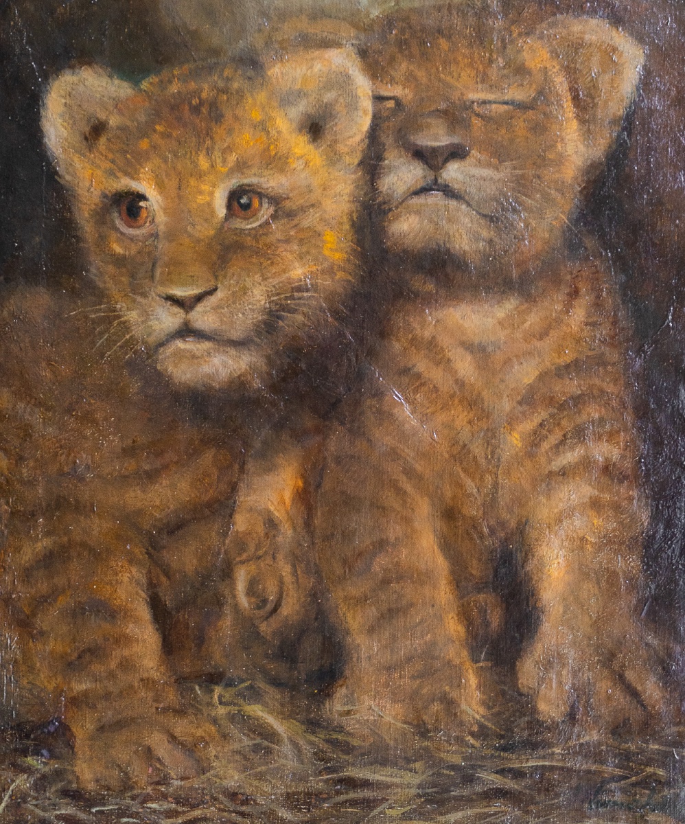 Peinture représentant un couple de lionceaux