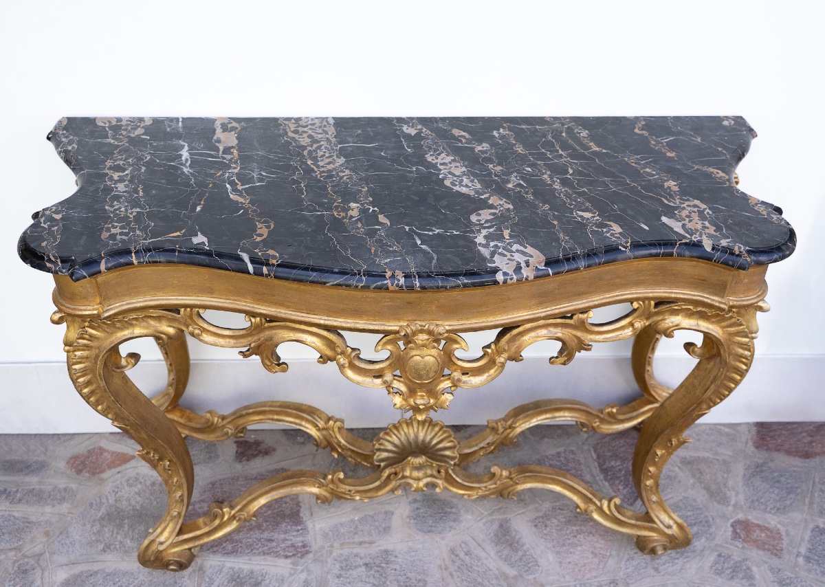 Console romaine en bois doré et marbre Portoro-photo-2