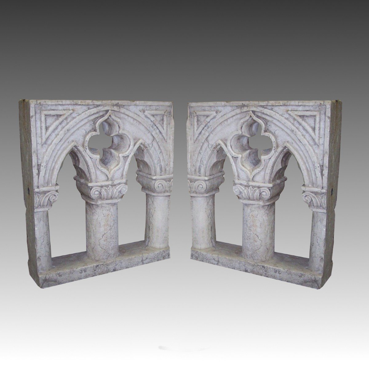 Pair Of Neogothic Windows In White Marble
