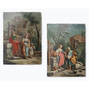 Paire De Peintures à l'Huile Sur Toile – Scènes Bibliques Pastorales