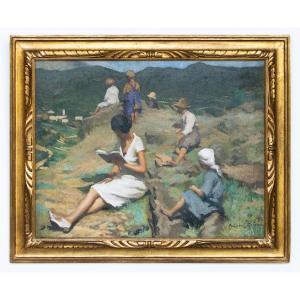 Scène de lecture dans un paysage montagnard – Peinture italienne, fin du XIXe siècle