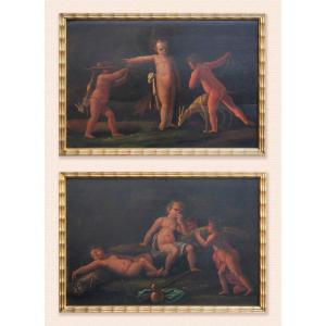 Paire de scènes de jeux d’enfants – École émilienne, fin du XVIIe siècle