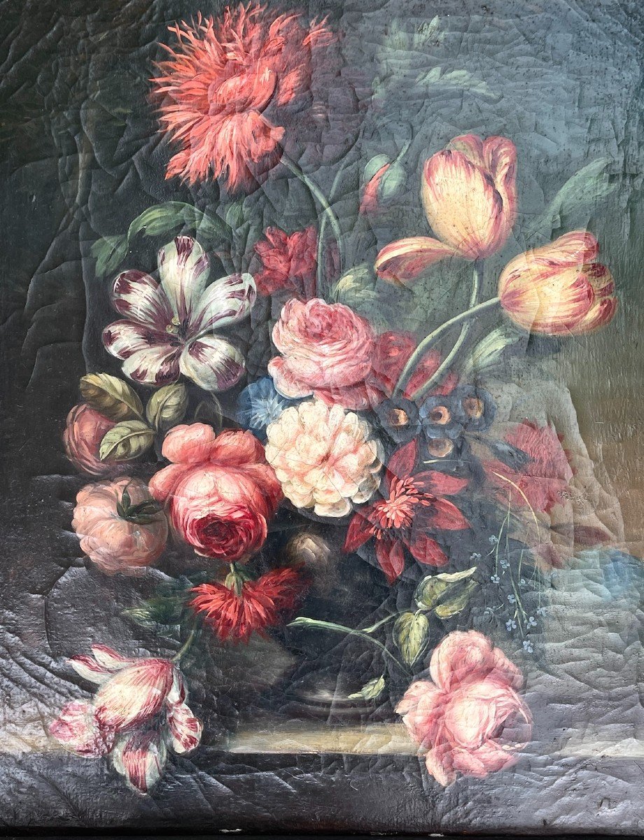 Pair Of Still Lifes With Flowers, French Schools 1820 Oil/canvas-photo-4