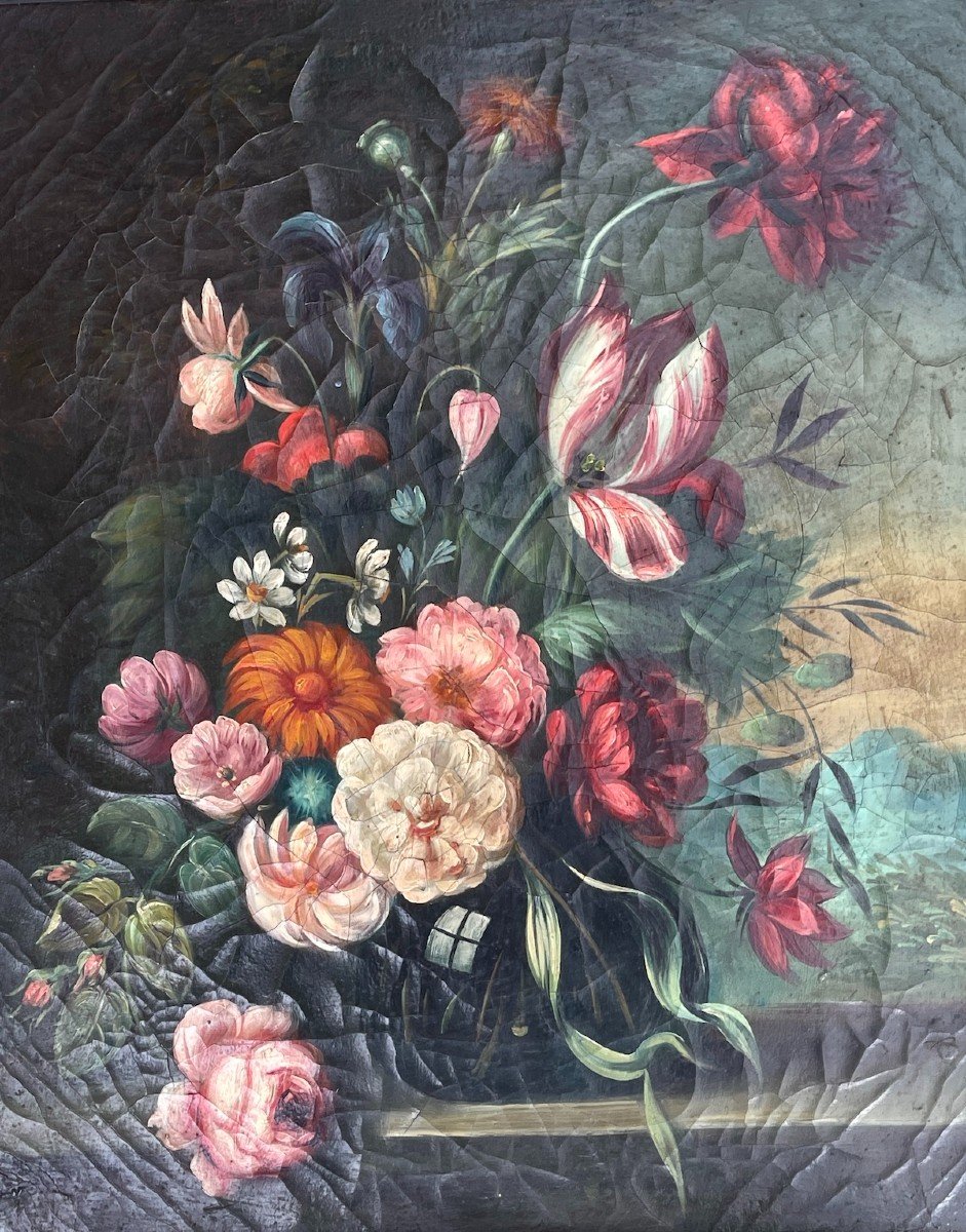 Pair Of Still Lifes With Flowers, French Schools 1820 Oil/canvas-photo-5