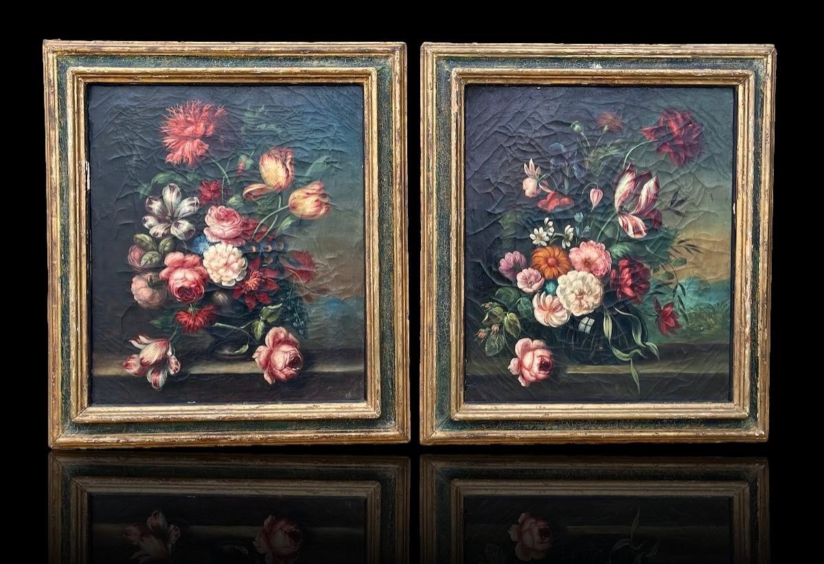Pair Of Still Lifes With Flowers, French Schools 1820 Oil/canvas-photo-8
