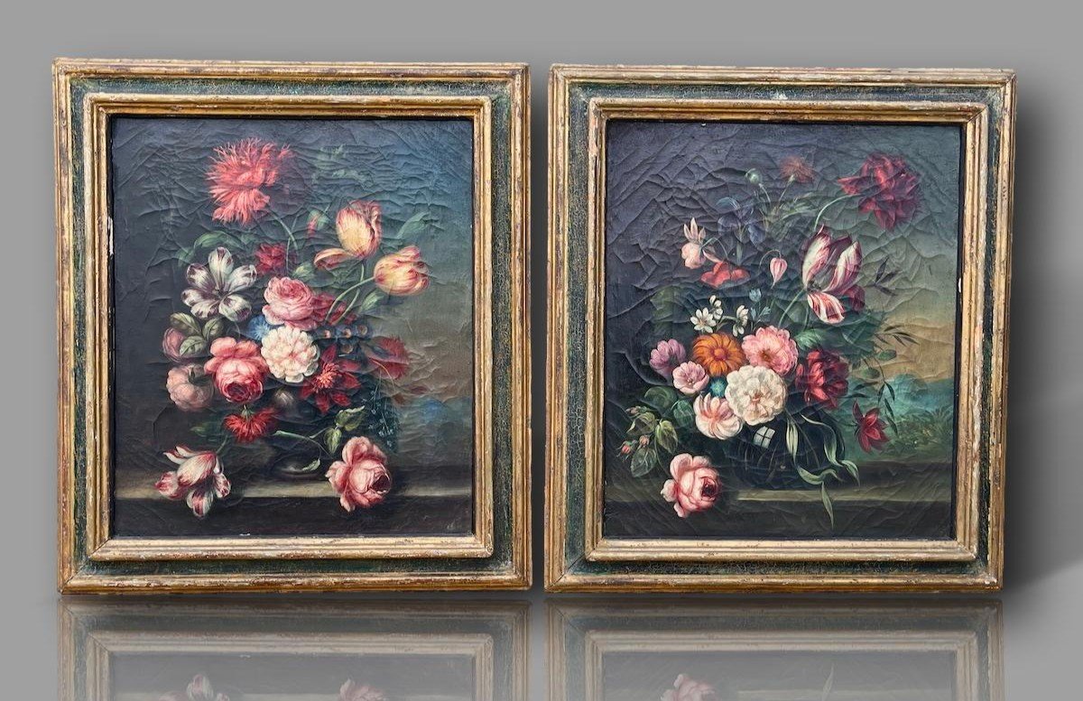Pair Of Still Lifes With Flowers, French Schools 1820 Oil/canvas