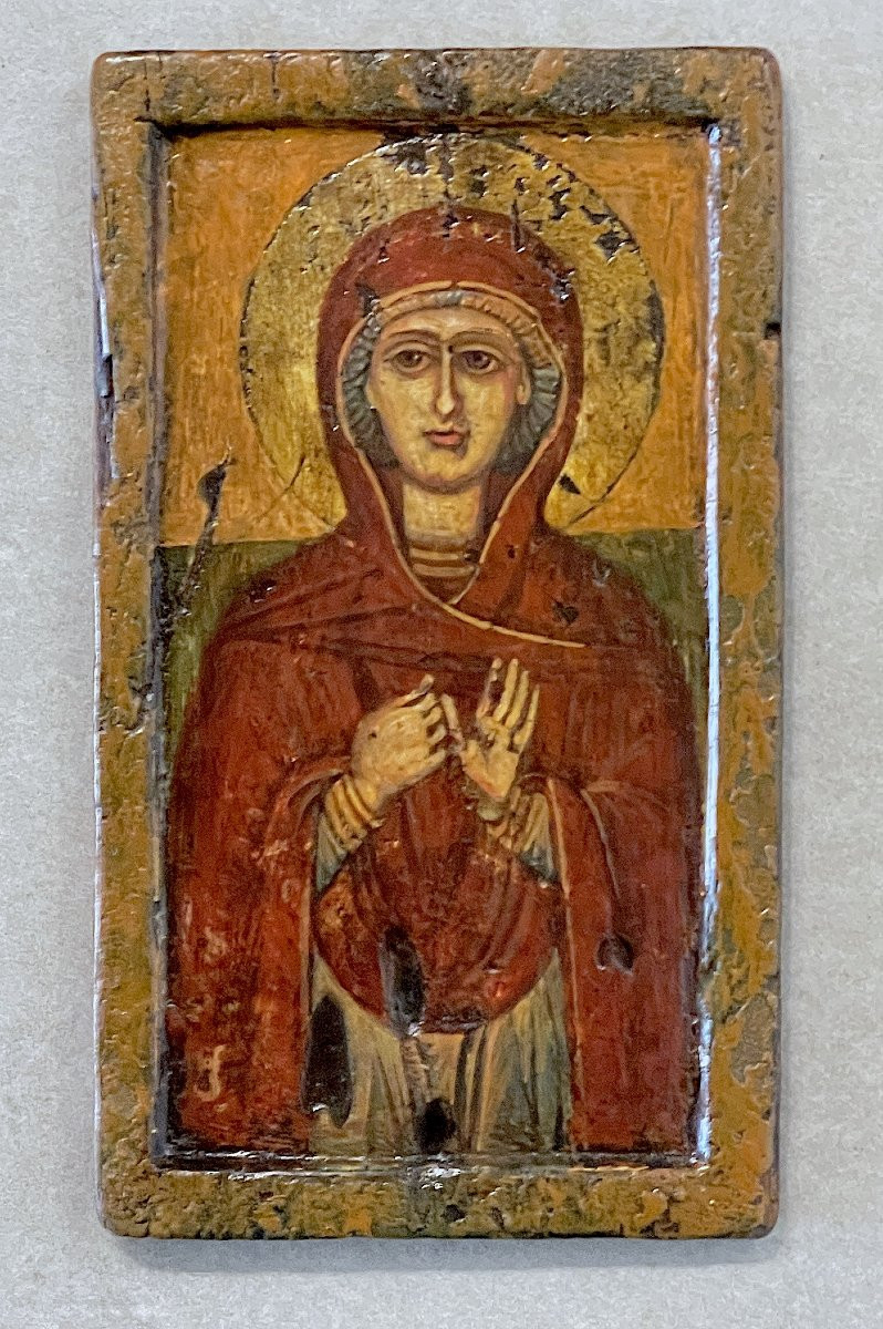 Byzantine Icon Of The Praying Virgin — Tempera On Gilded Wood, 16th Century-photo-2