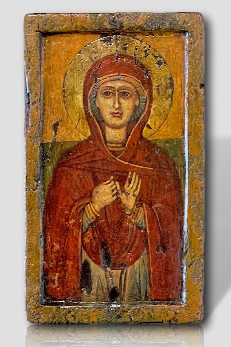 Byzantine Icon Of The Praying Virgin — Tempera On Gilded Wood, 16th Century