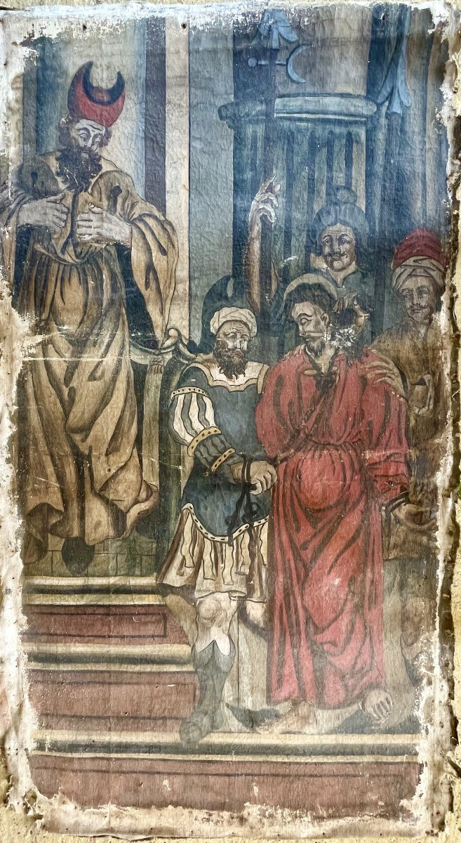 Le Christ devant Caïphe – Huile sur toile de lin tissée, Italie du Nord, XVIe siècle-photo-3