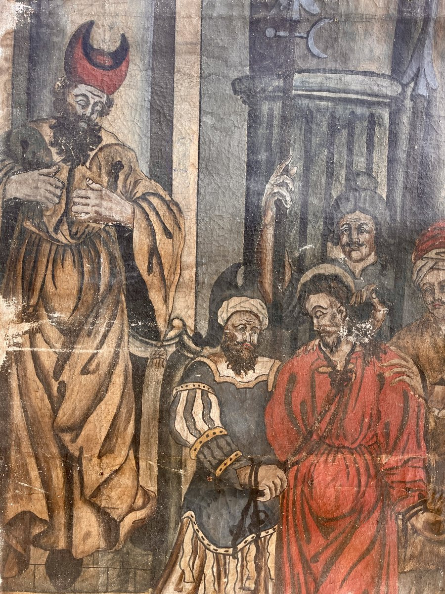 Le Christ devant Caïphe – Huile sur toile de lin tissée, Italie du Nord, XVIe siècle-photo-4