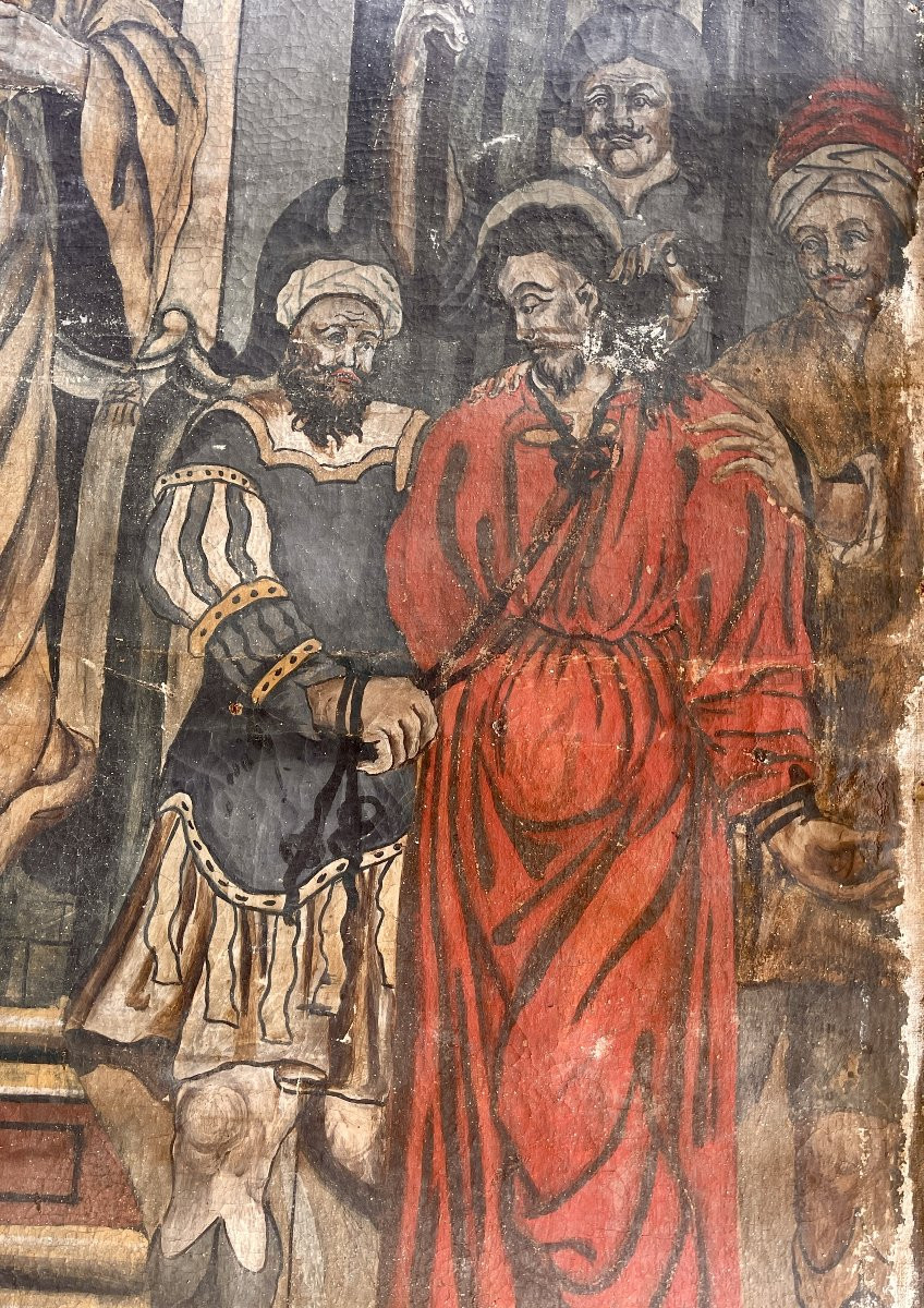 Le Christ devant Caïphe – Huile sur toile de lin tissée, Italie du Nord, XVIe siècle-photo-3