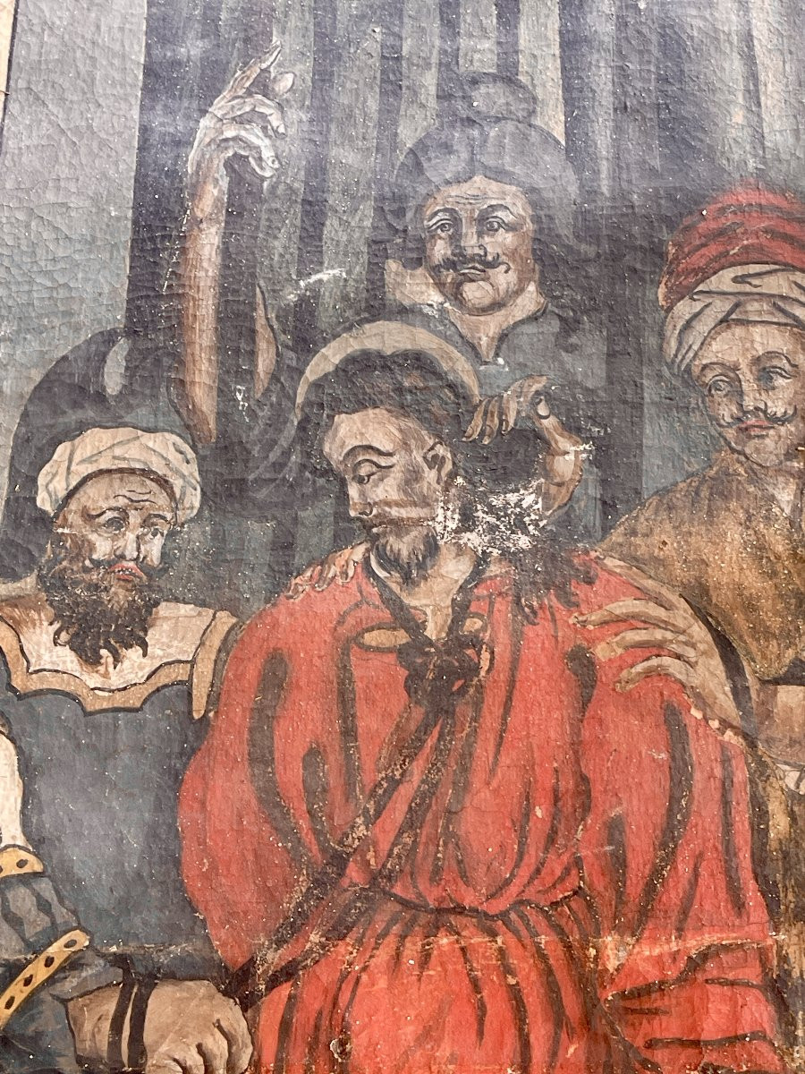 Le Christ devant Caïphe – Huile sur toile de lin tissée, Italie du Nord, XVIe siècle-photo-4