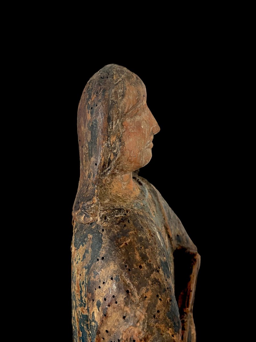 Gothic Orant In Polychrome Oak – France, 15th Century-photo-2