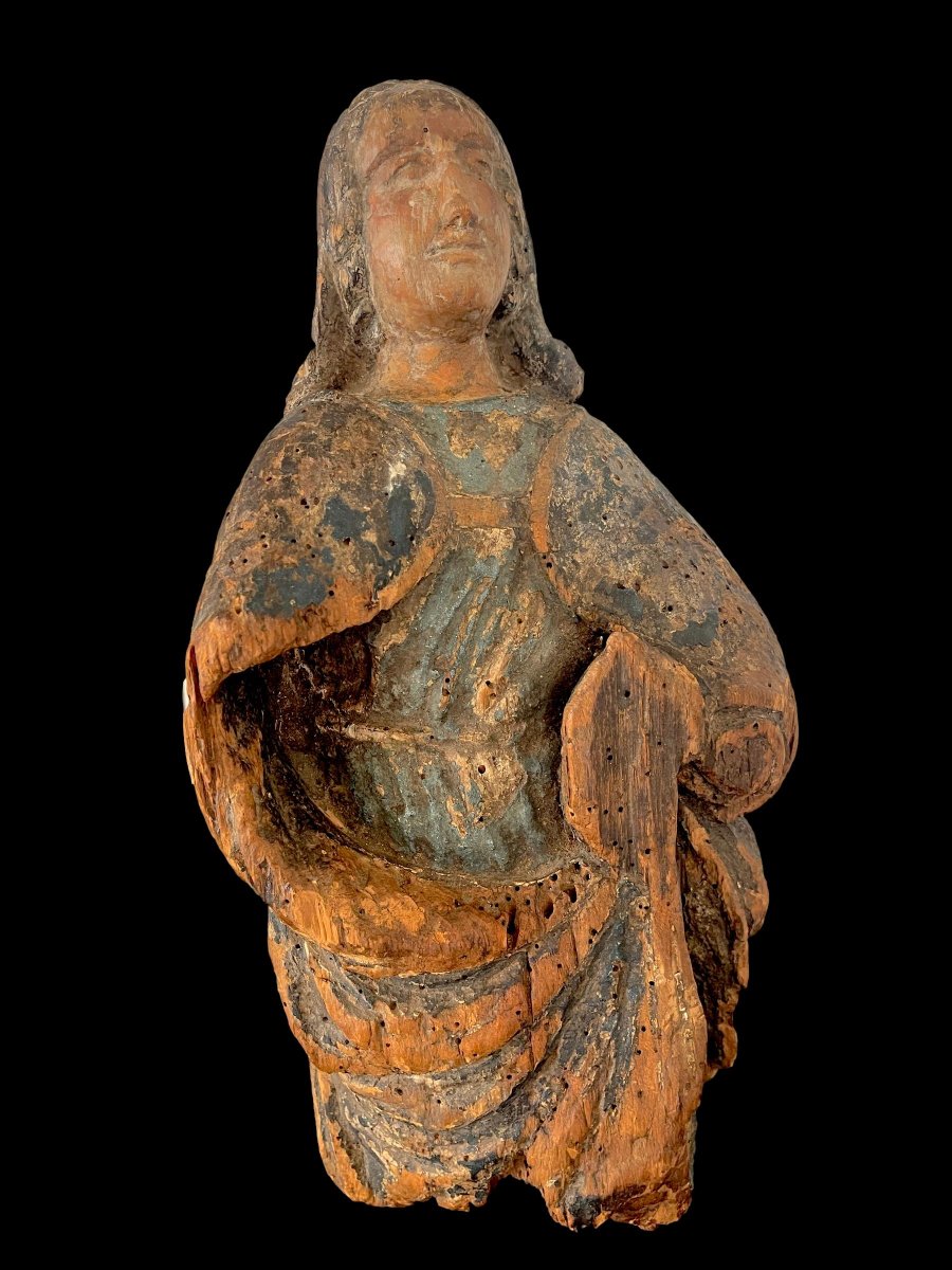 Gothic Orant In Polychrome Oak – France, 15th Century-photo-3