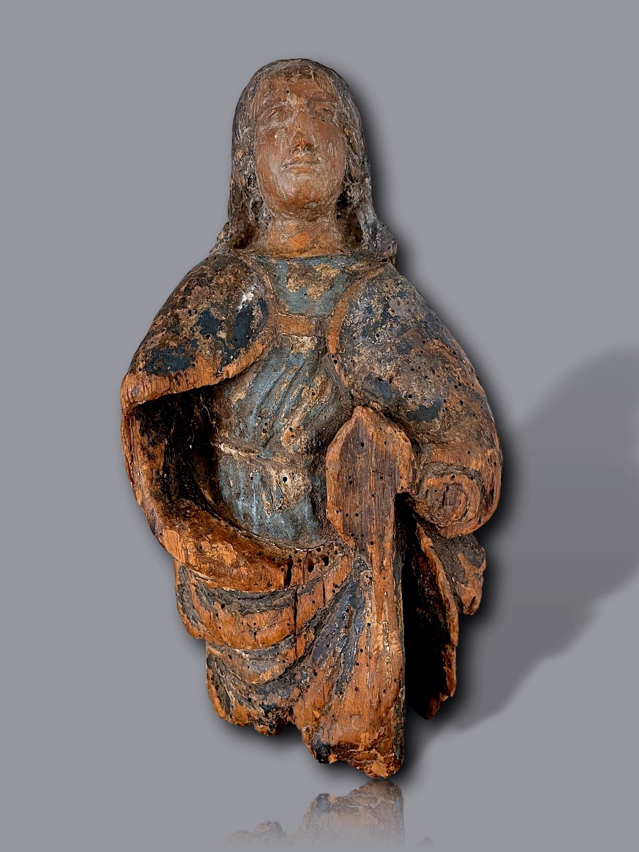 Gothic Orant In Polychrome Oak – France, 15th Century