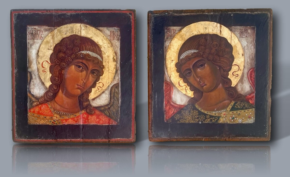 Pair Of Byzantine Icons: Archangels Michael And Gabriel - Tempera On Panels