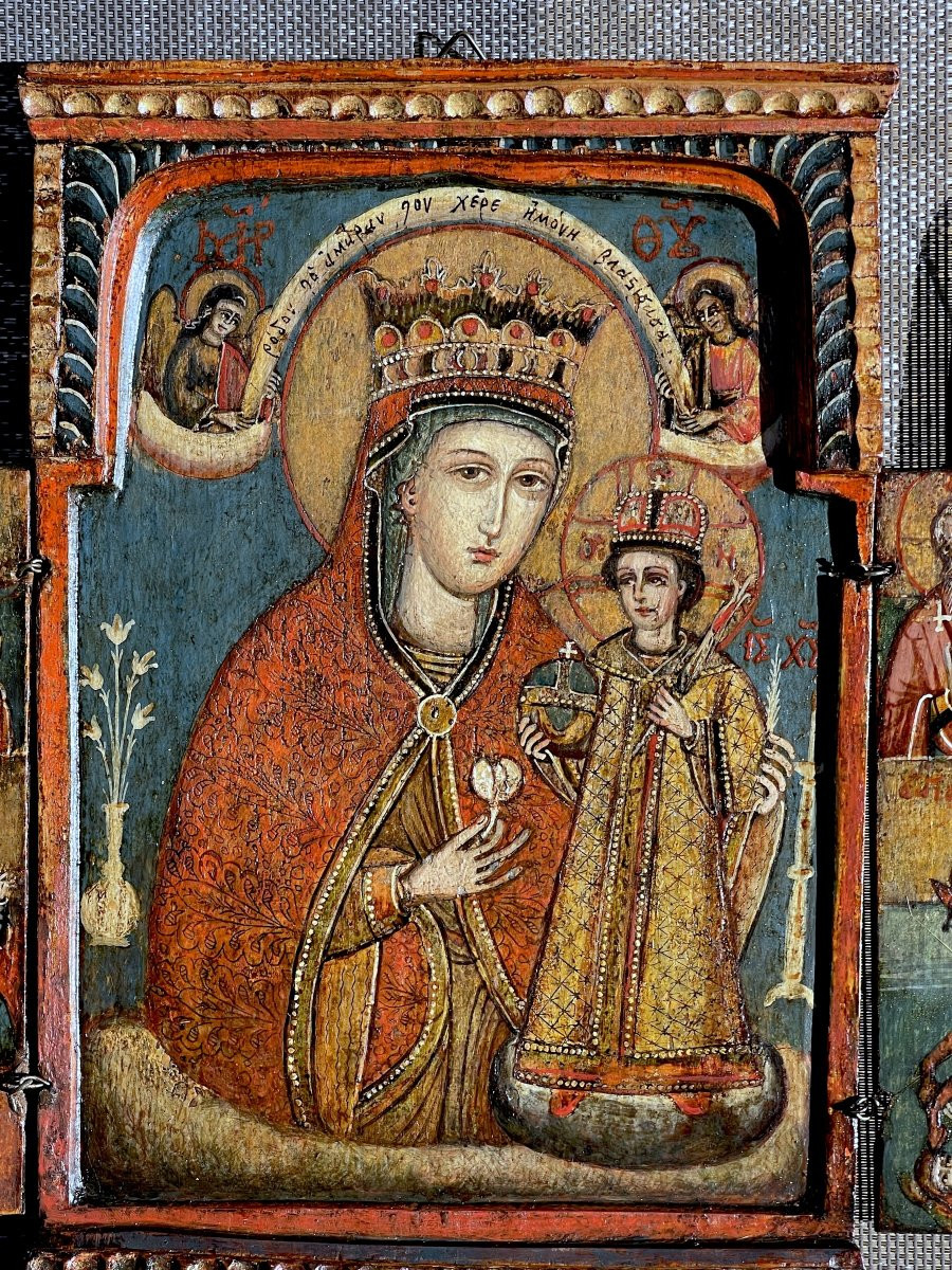 Triptyque de dévotion à la Vierge à l’Enfant –Balkans 18ème– Tempera sur Panneau-photo-2