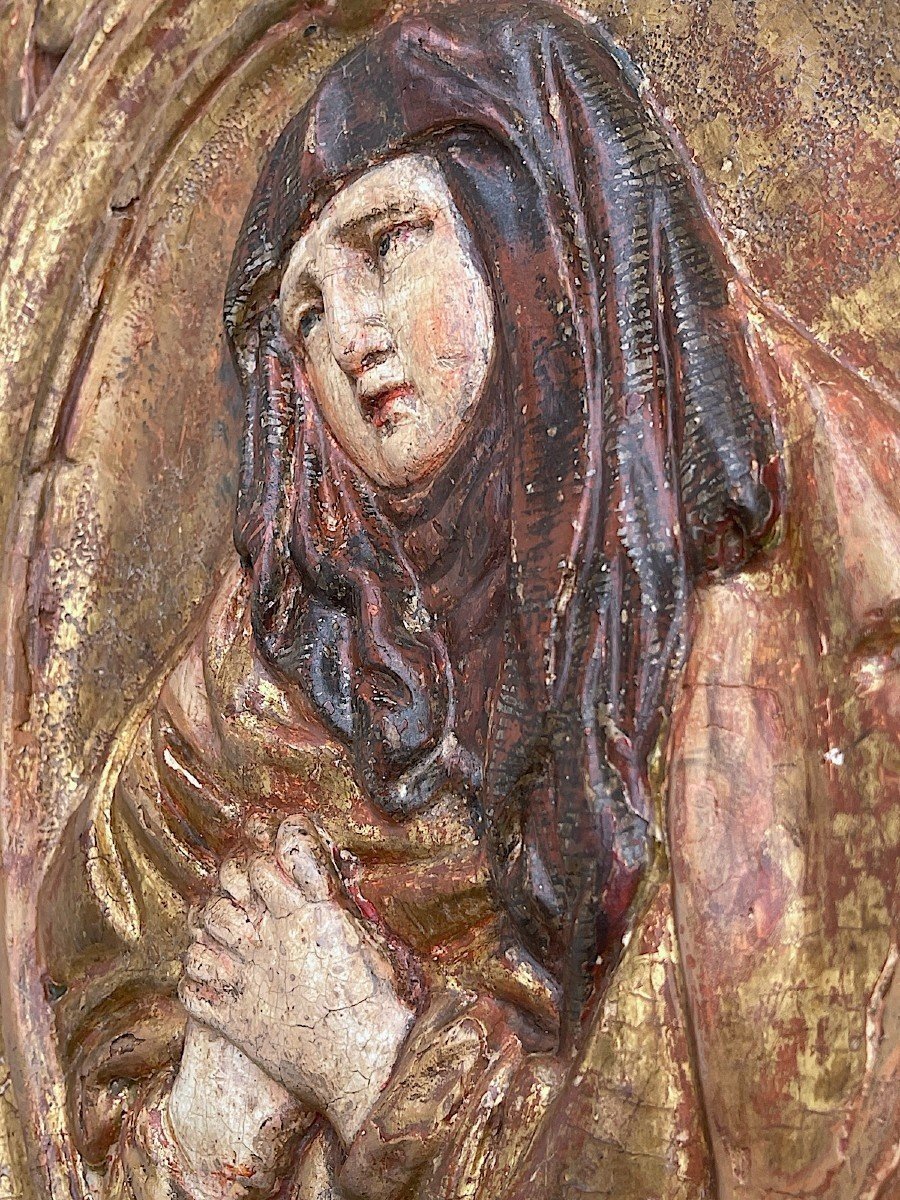 Ecole des Malines - Paire De Bas -reliefs 15e Sculptés - Tempera Sur Fond d'Or-photo-3