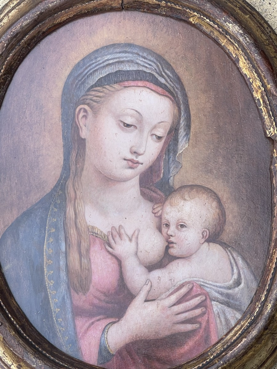 Virgin And Child Nursing - Oil On Panel - Italian School, 16th Century-photo-4