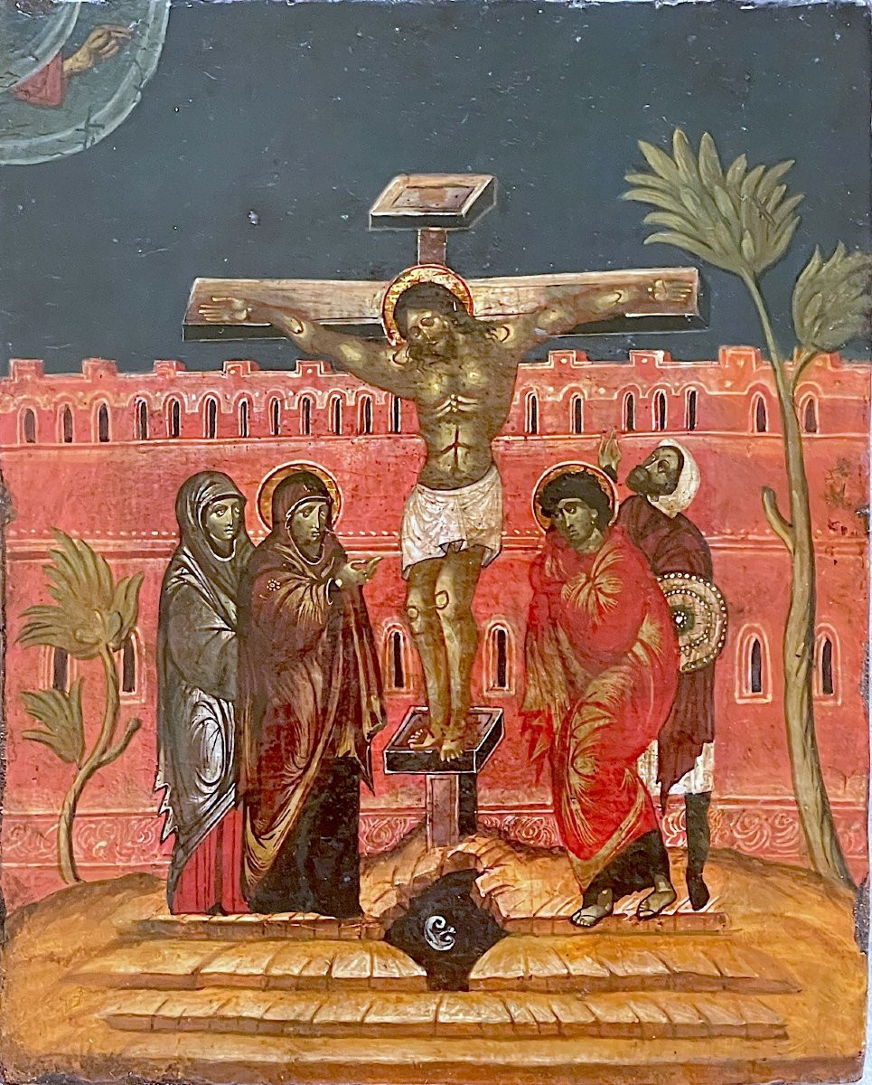 Crucifixion Of Christ – Antique Icon – Tempera On Panel – 17th Century-photo-2