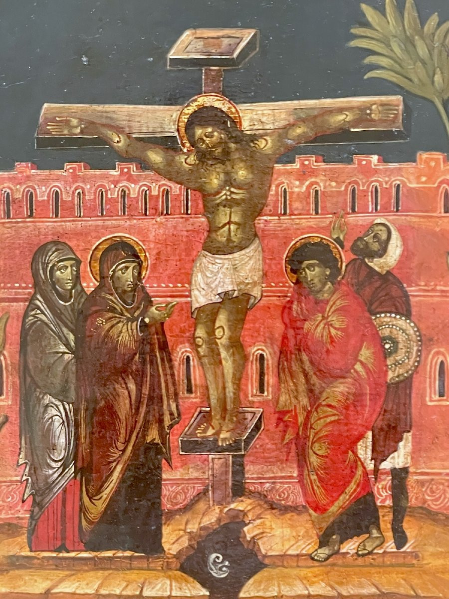 Crucifixion Of Christ – Antique Icon – Tempera On Panel – 17th Century-photo-3