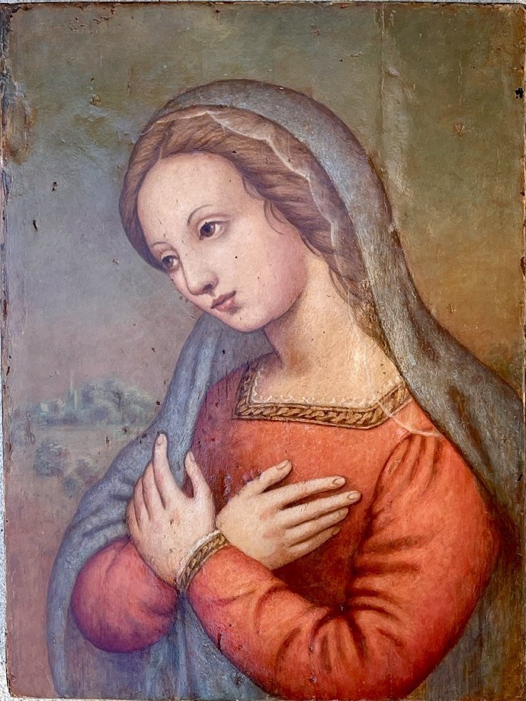 Virgin In Prayer - Tempera On Wood Panel - Italian School, 16th Century-photo-3