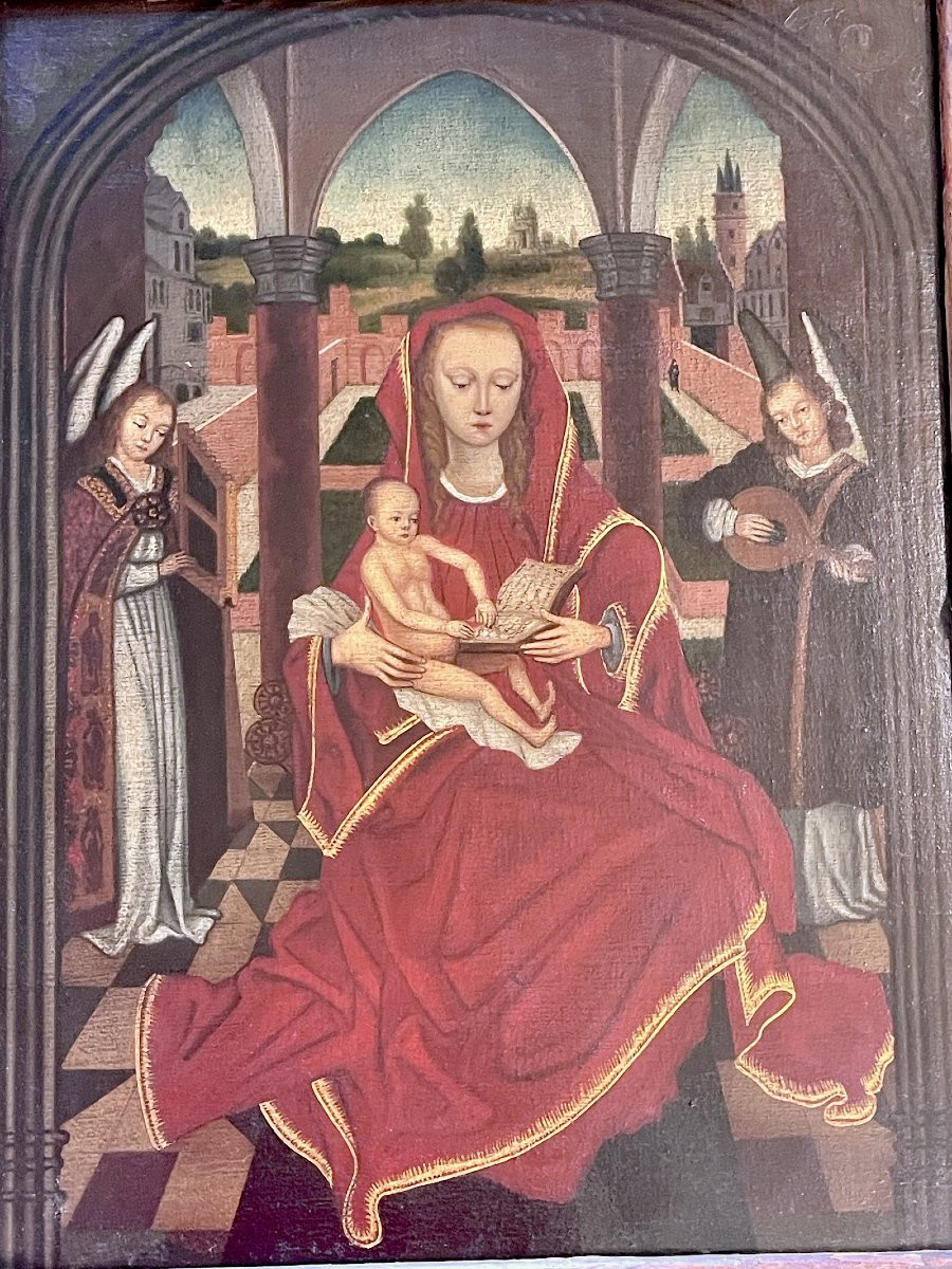 "the Virgin Between Two Musical Angels" – After Hans Memling – Oil On Canvas -photo-2