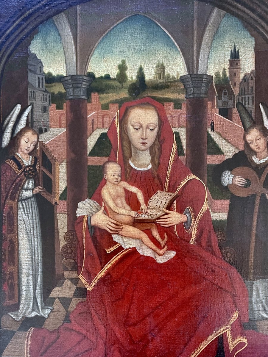 "the Virgin Between Two Musical Angels" – After Hans Memling – Oil On Canvas -photo-3