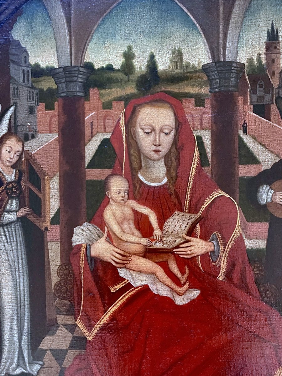 "the Virgin Between Two Musical Angels" – After Hans Memling – Oil On Canvas -photo-4