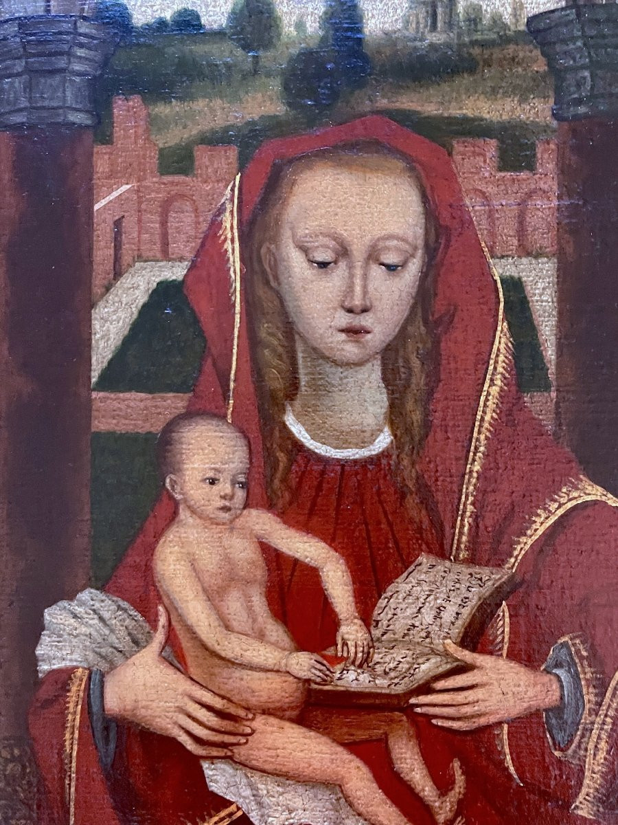 "the Virgin Between Two Musical Angels" – After Hans Memling – Oil On Canvas -photo-1