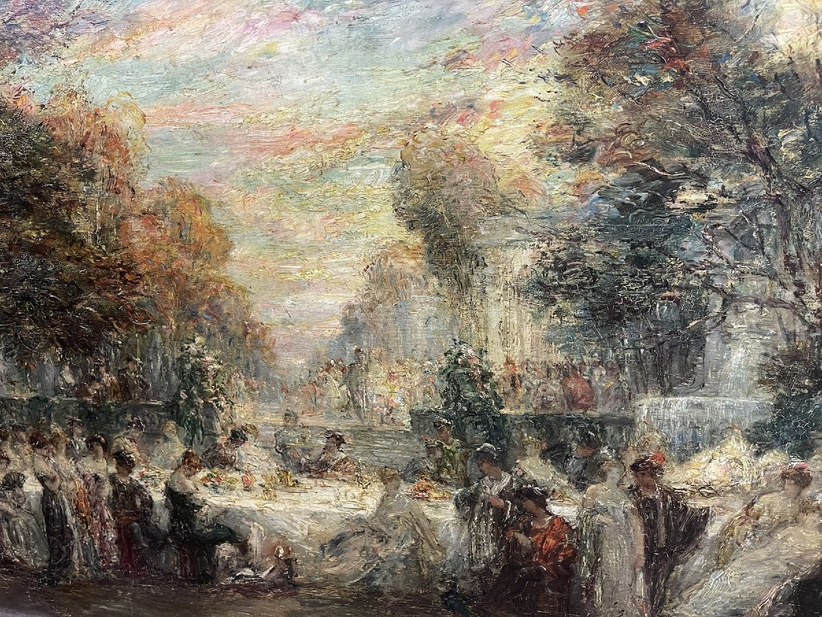 Fête galante dans un Parc – Entourage de Monticelli, huile sur panneau, fin XIXᵉ-photo-3