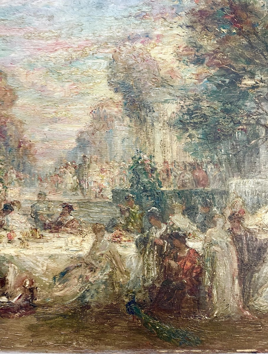 Fête galante dans un Parc – Entourage de Monticelli, huile sur panneau, fin XIXᵉ-photo-5
