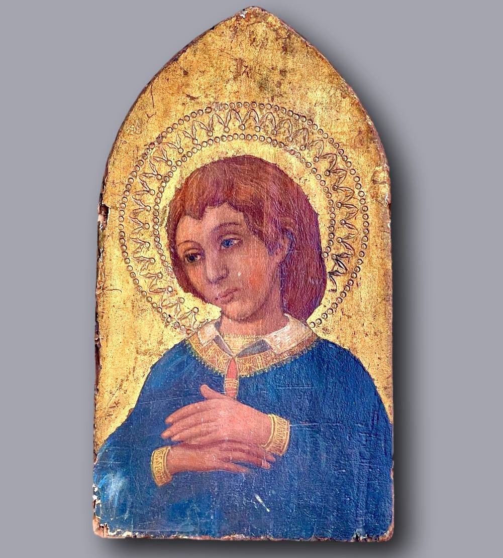 Élégant Jeune Saint en Prière – Rare Panneau Italien à Fond d’Or – Toscane, XVe s