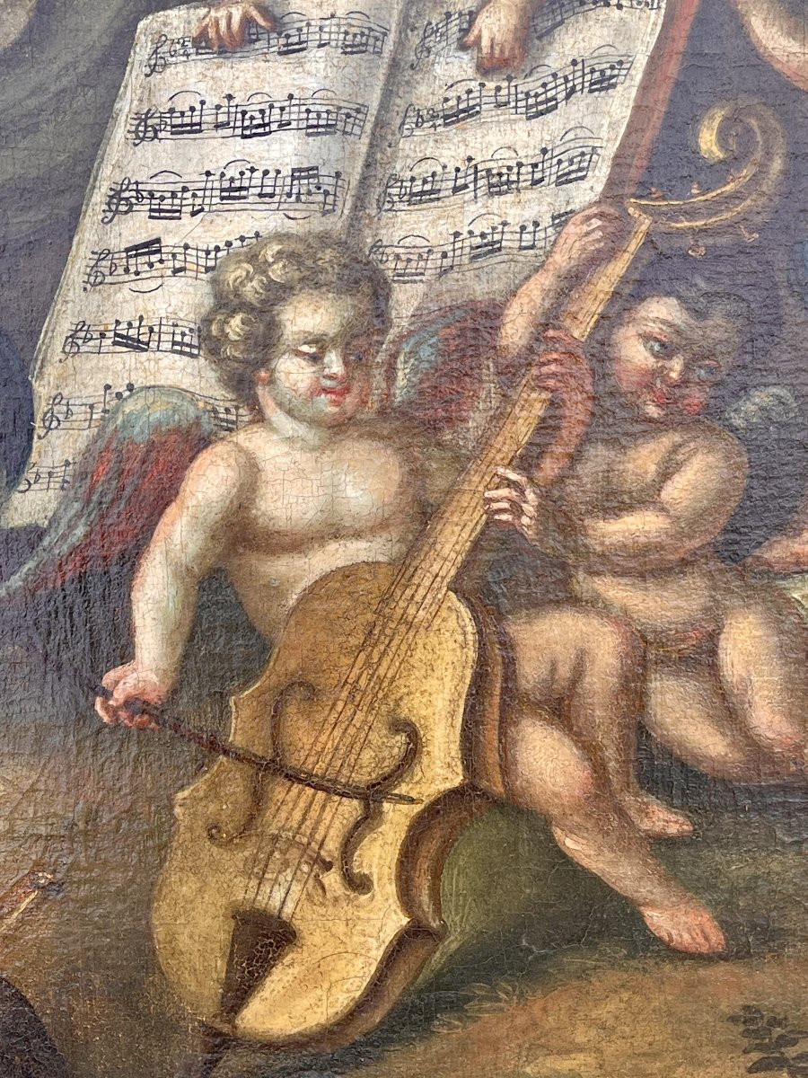 Grande huile sur toile rococo du XVIIIe siècle – Allégorie de la Musique aux Putti – -photo-3