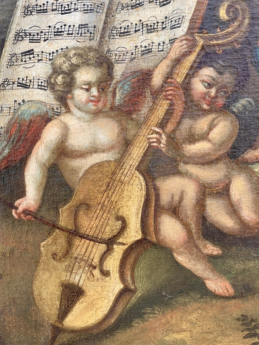 Grande huile sur toile rococo du XVIIIe siècle – Allégorie de la Musique aux Putti – -photo-4